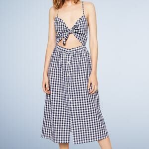 Zara Gingham Tie Front Cut Out Button Down Retro Midi Dress Navy White Medium